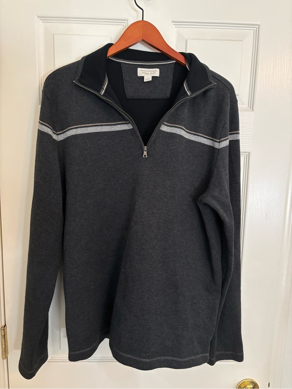 Banana Republic Charcoal Gray Half-Zip Sweater with Light Gray Stripe